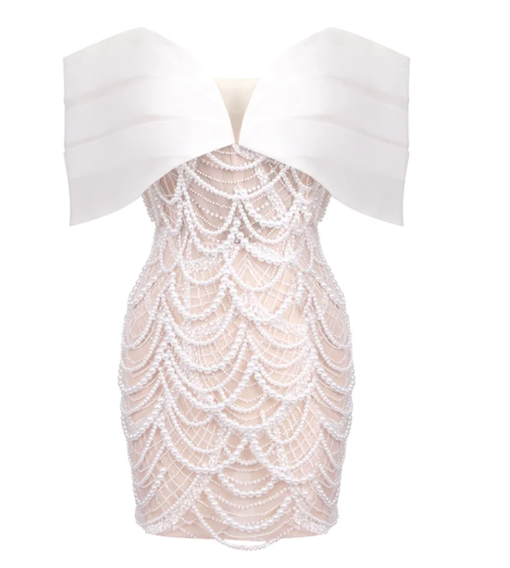 PEAL DRAPED CORSET LUXURY ROYAL BARDOT DRESS