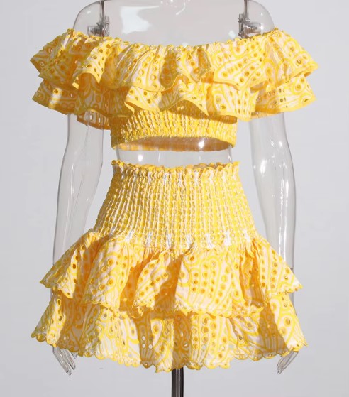 VACAY EMBROIDERY OFF SHOULDER MINI COORD