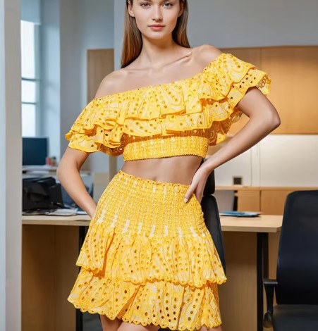 VACAY EMBROIDERY OFF SHOULDER MINI COORD