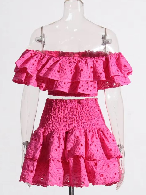 VACAY EMBROIDERY OFF SHOULDER MINI COORD
