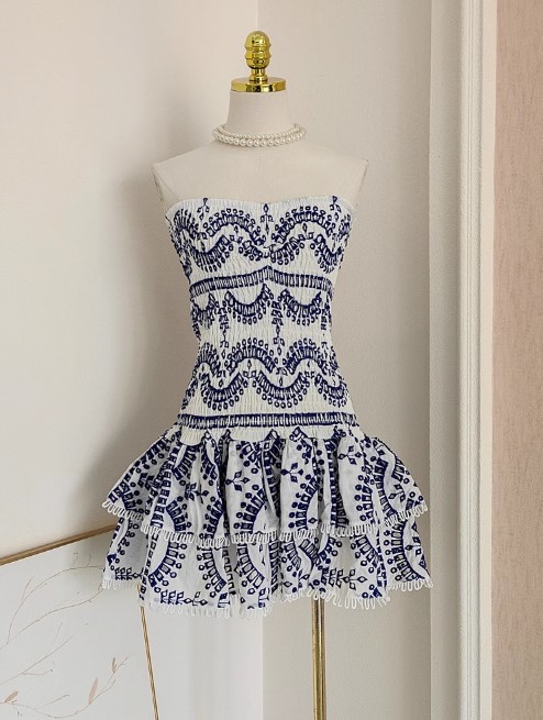 VACAY LAVA EMBROIDERY PRINT MINI DRESS BLUE