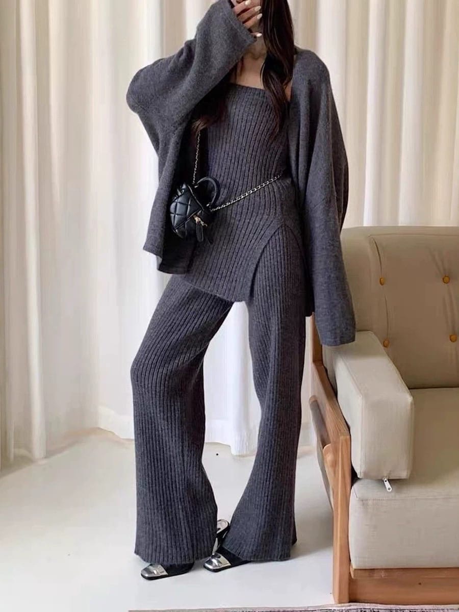 KNITTED COMFY 3 PCS PANT TOP & CARDIGAN SET