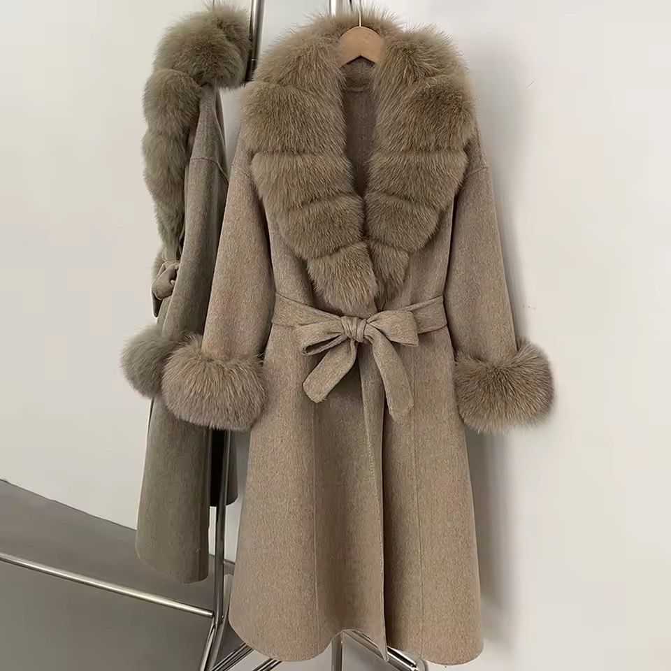 BELTED WOOLEN LONG COAT WITH REAL NATURAL FOX FURR CUFFS