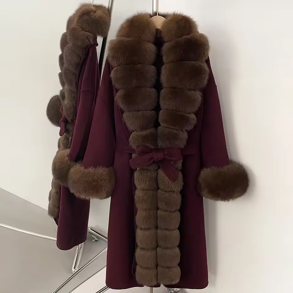 BELTED WOOLEN LONG COAT WITH LONG REAL NATURAL FOX FURR AND CUFFS