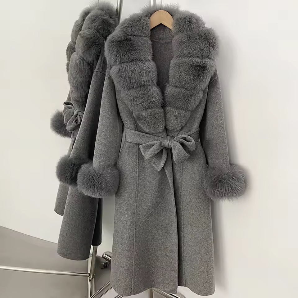 BELTED WOOLEN LONG COAT WITH REAL NATURAL FOX FURR CUFFS