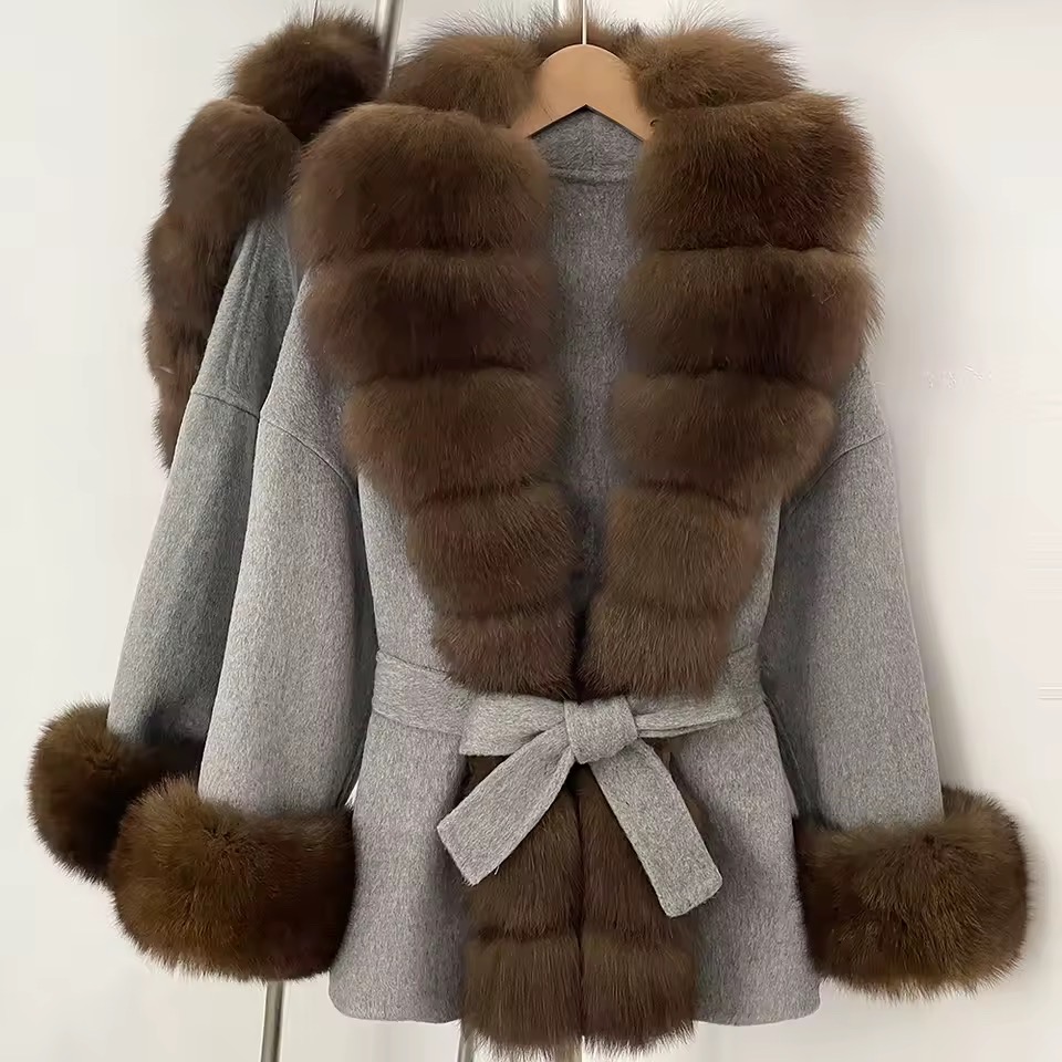 BELTED WOOLEN COAT WITH REAL NATURAL FOX FURR CUFFS