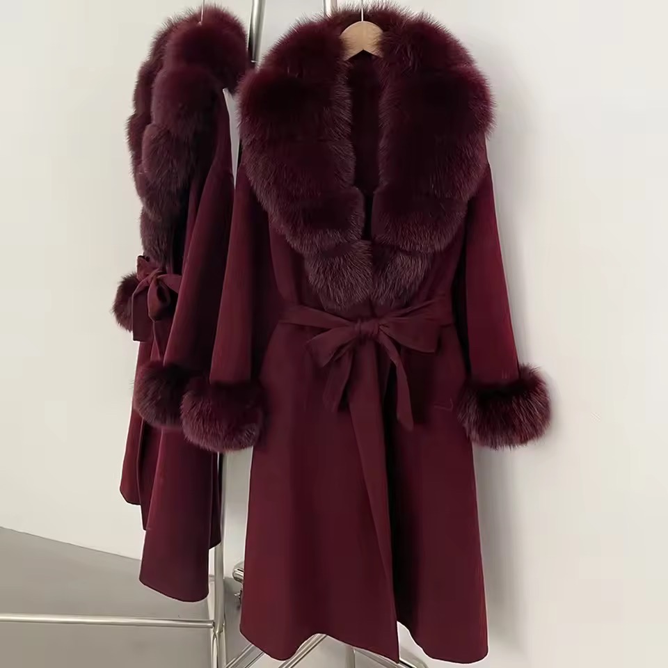 BELTED WOOLEN LONG COAT WITH REAL NATURAL FOX FURR CUFFS