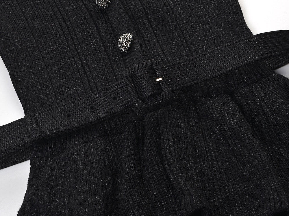 HIGH END NECK V-NECK KNITTED BELTED DRESS