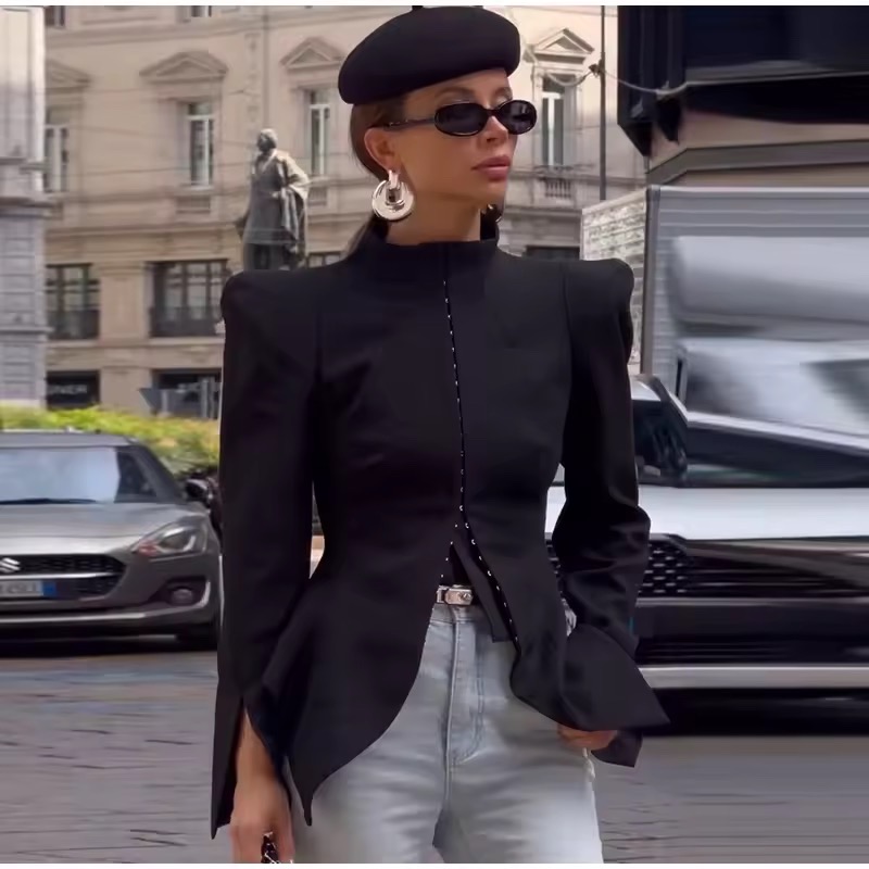 CHIC STAND COLLAR BLAZER JACKET WITH HOOKS