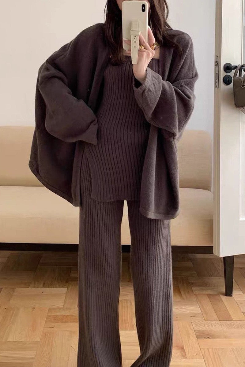 KNITTED COMFY 3 PCS PANT TOP & CARDIGAN SET