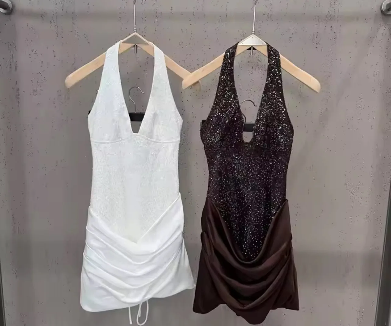 SEQUINS CORSET SATIN DRAPE DRESS