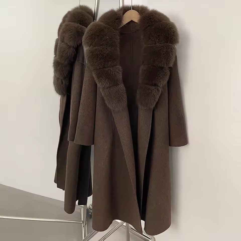 BELTED WOOLEN LONG COAT WITH REAL NATURAL FOX FURR