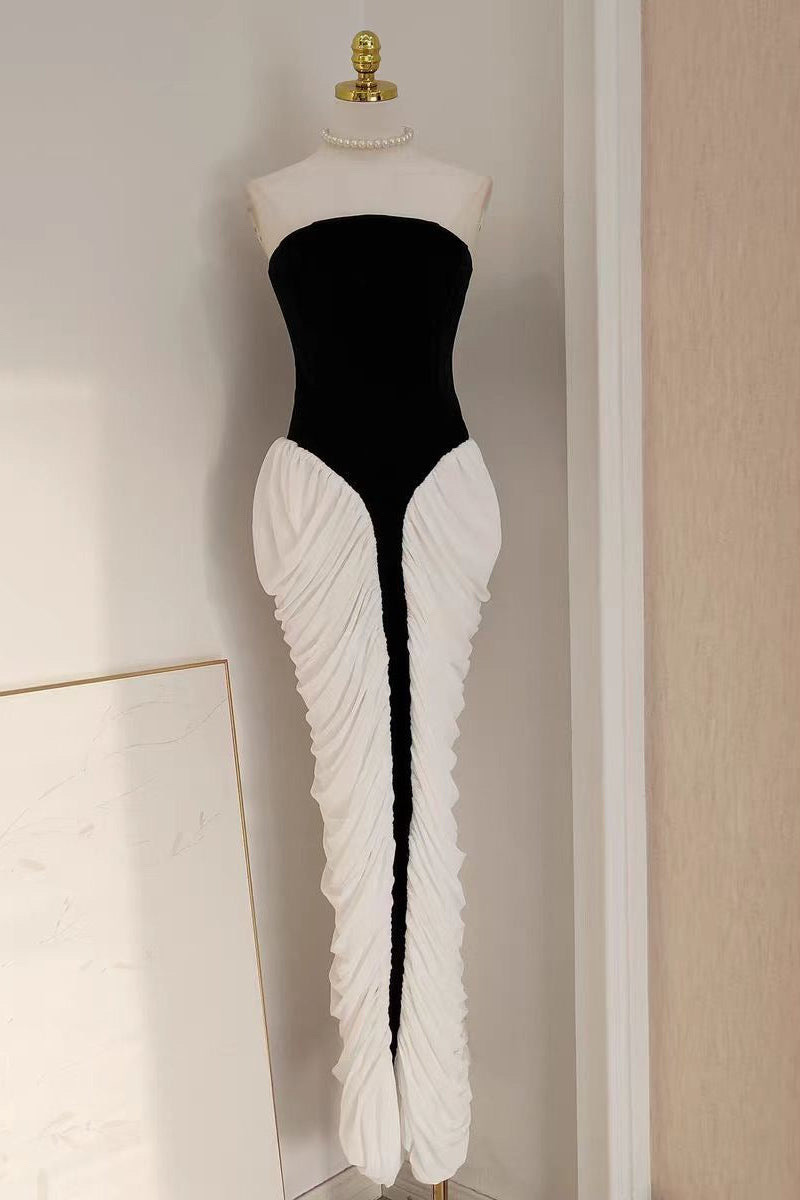 VELVET RUCHED FOLDS STRAPLESS DRESS