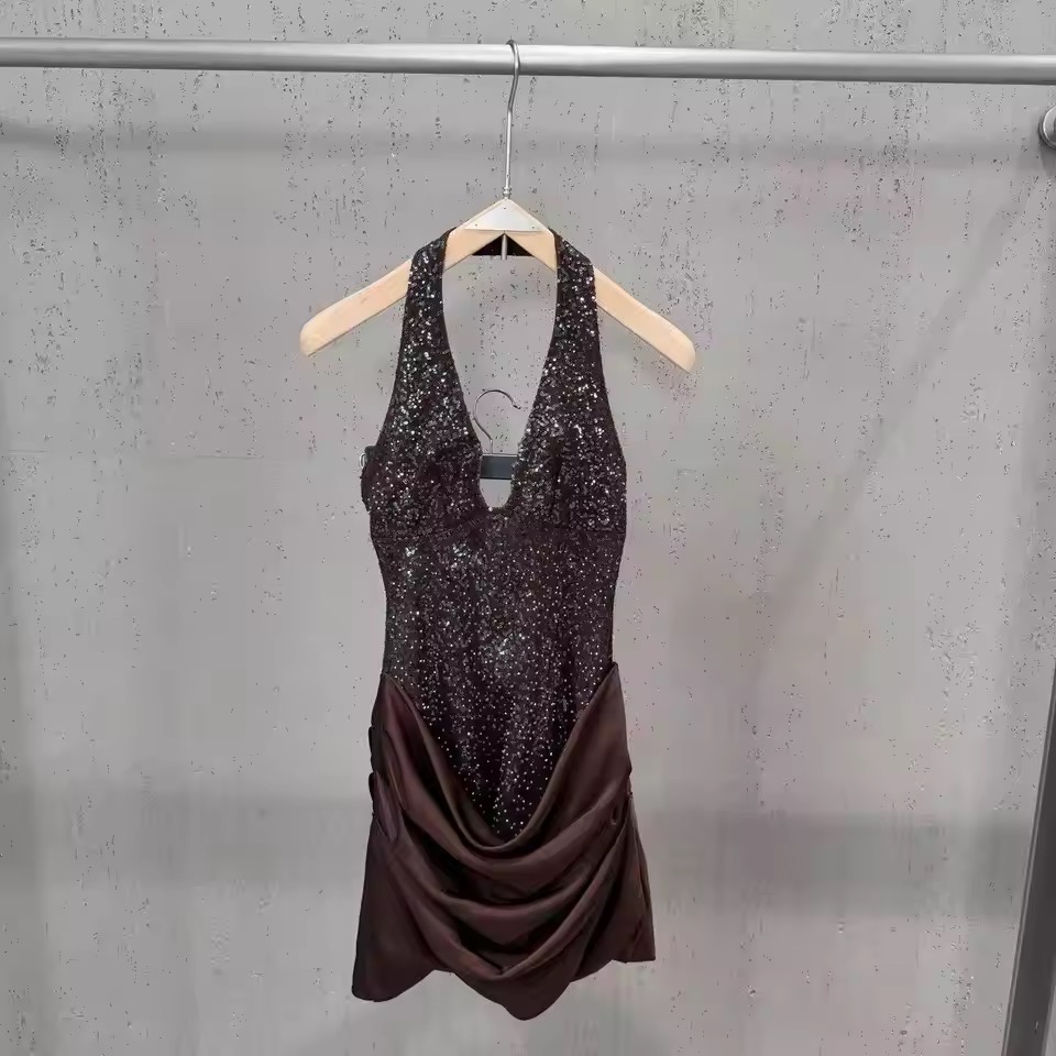 SEQUINS CORSET SATIN DRAPE DRESS