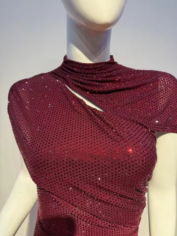 RHINESTONES SHIMMERY MESH CUTOUT DRESS