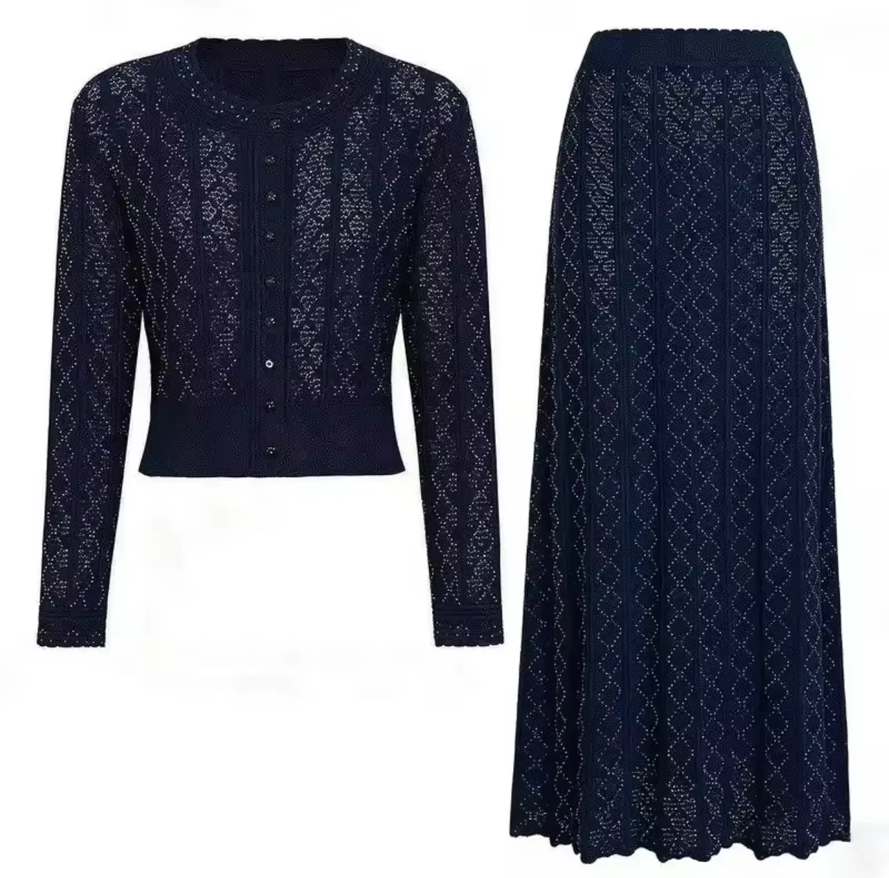 SHIMMERY KNIT CARDIGAN AND SKIRT SET