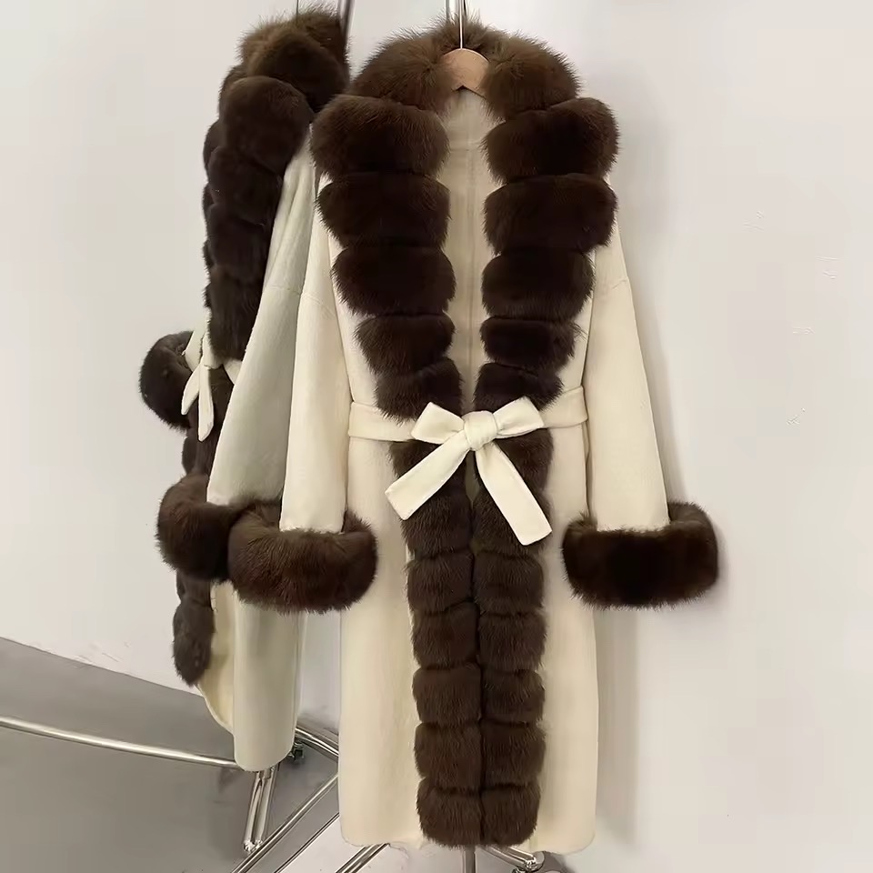 BELTED WOOLEN LONG COAT WITH LONG REAL NATURAL FOX FURR AND CUFFS