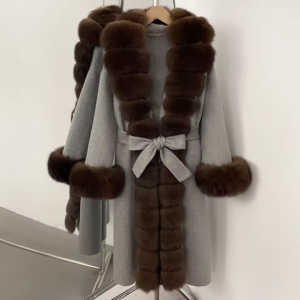 BELTED WOOLEN LONG COAT WITH LONG REAL NATURAL FOX FURR AND CUFFS