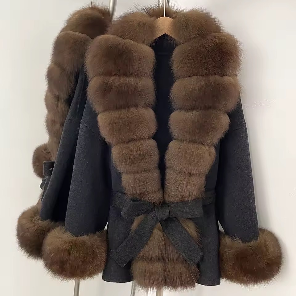 BELTED WOOLEN COAT WITH REAL NATURAL FOX FURR CUFFS