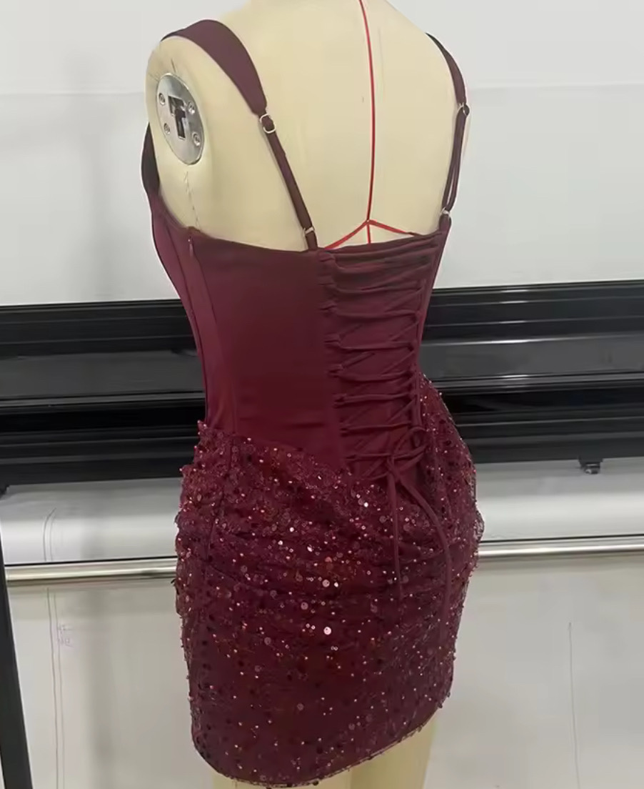 SEQUINS CORSET DRAPE SHORT DRESS