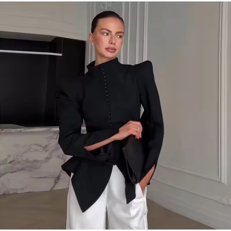 CHIC STAND COLLAR BLAZER JACKET WITH HOOKS