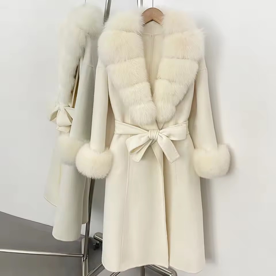 BELTED WOOLEN LONG COAT WITH REAL NATURAL FOX FURR CUFFS