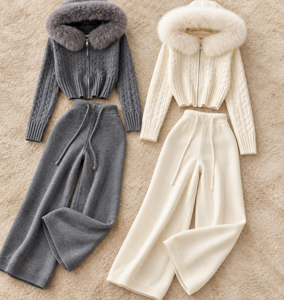 KNIT FAUX FURR HOODED COMFY SET