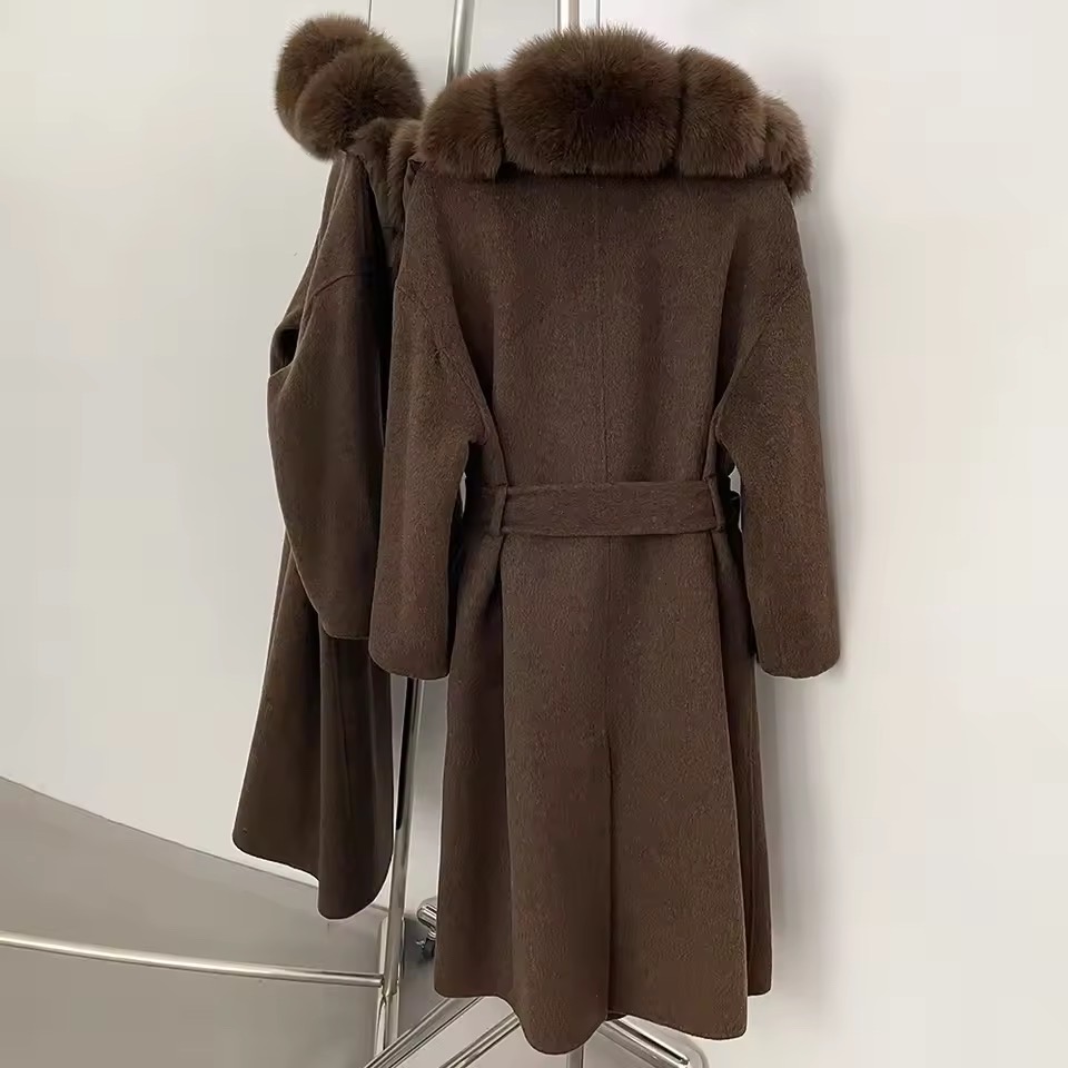 BELTED WOOLEN LONG COAT WITH REAL NATURAL FOX FURR