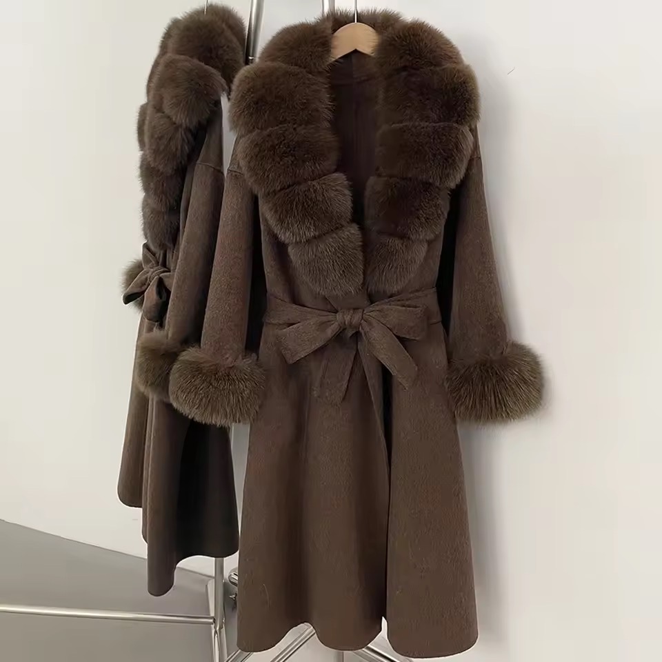 BELTED WOOLEN LONG COAT WITH REAL NATURAL FOX FURR CUFFS