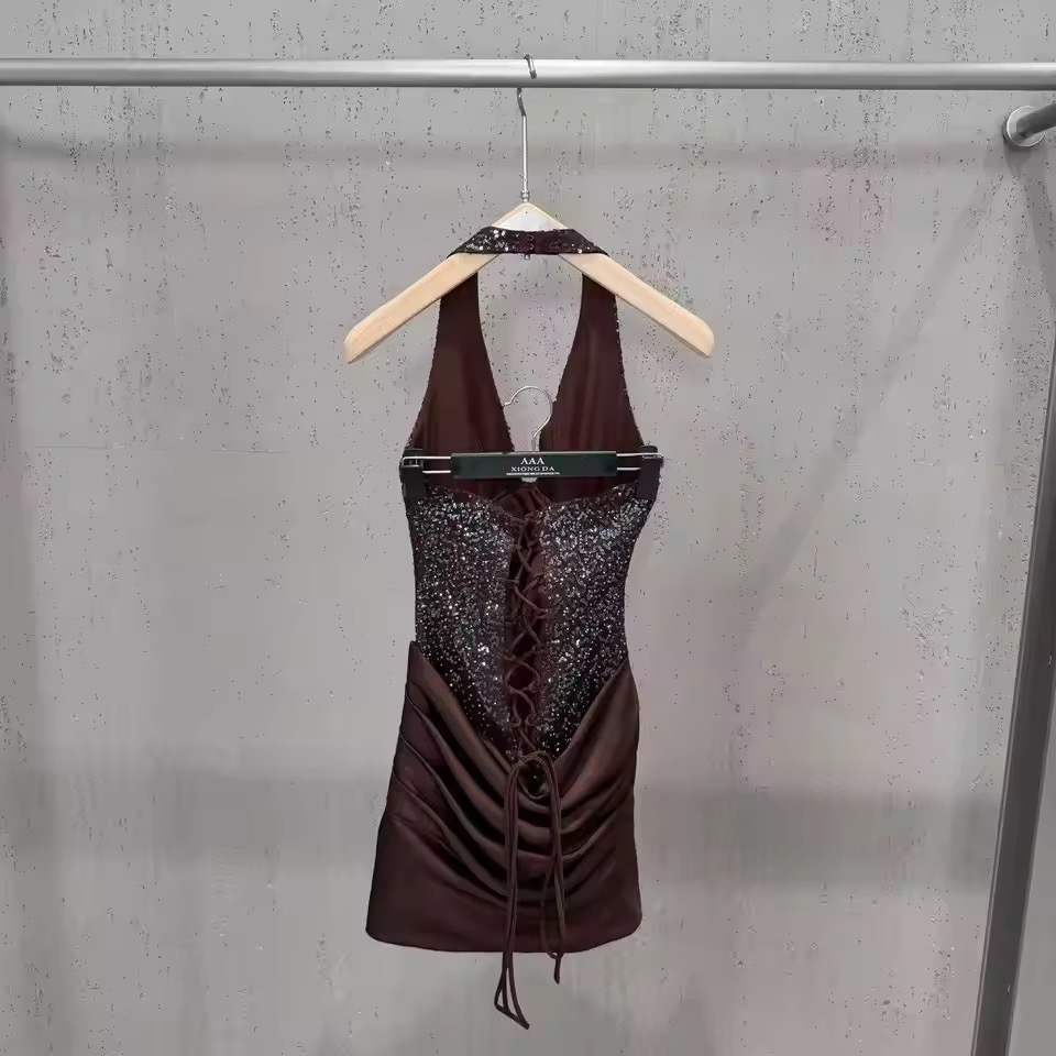 SEQUINS CORSET SATIN DRAPE DRESS