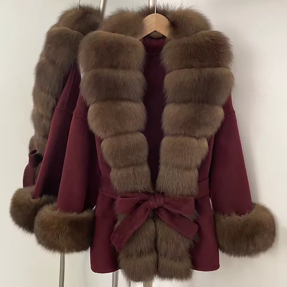 BELTED WOOLEN COAT WITH REAL NATURAL FOX FURR CUFFS