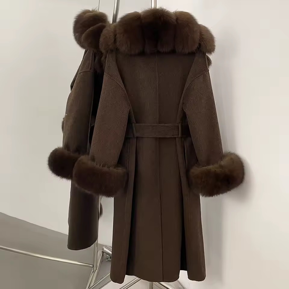 BELTED WOOLEN LONG COAT WITH LONG REAL NATURAL FOX FURR AND CUFFS