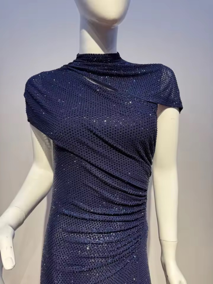 RHINESTONES SHIMMERY MESH CUTOUT DRESS