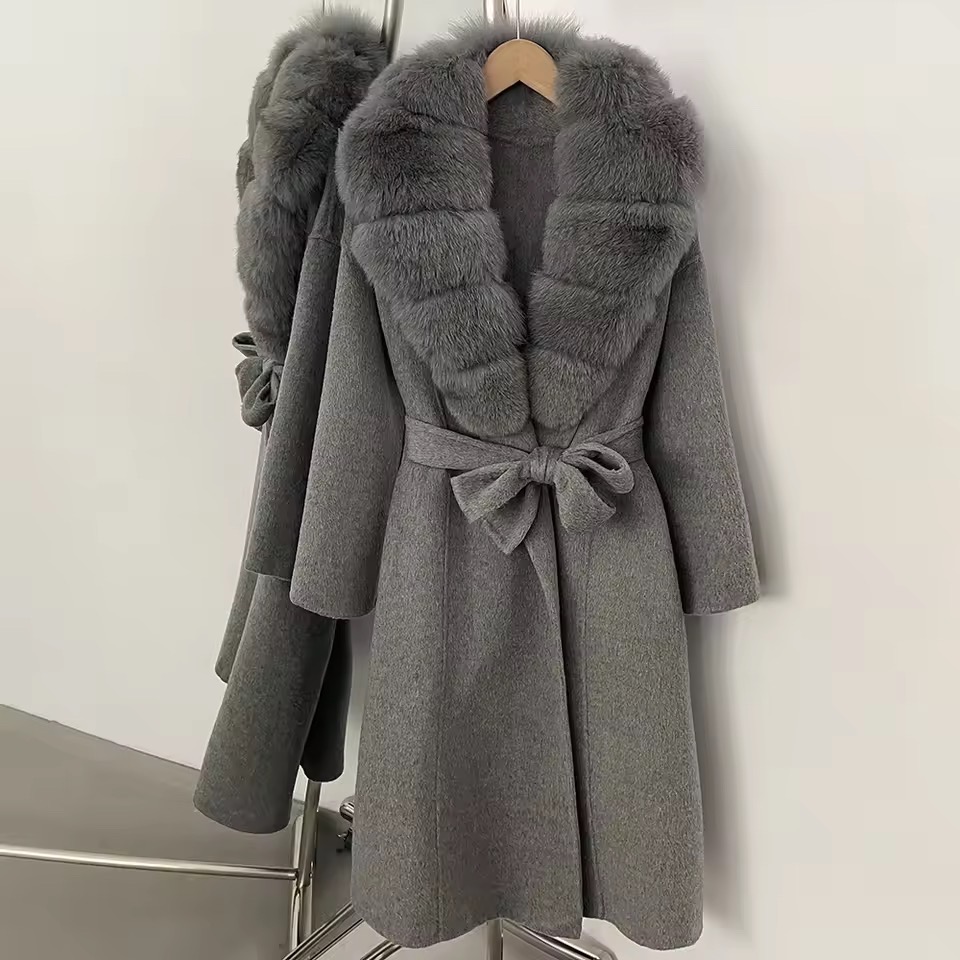 BELTED WOOLEN LONG COAT WITH REAL NATURAL FOX FURR