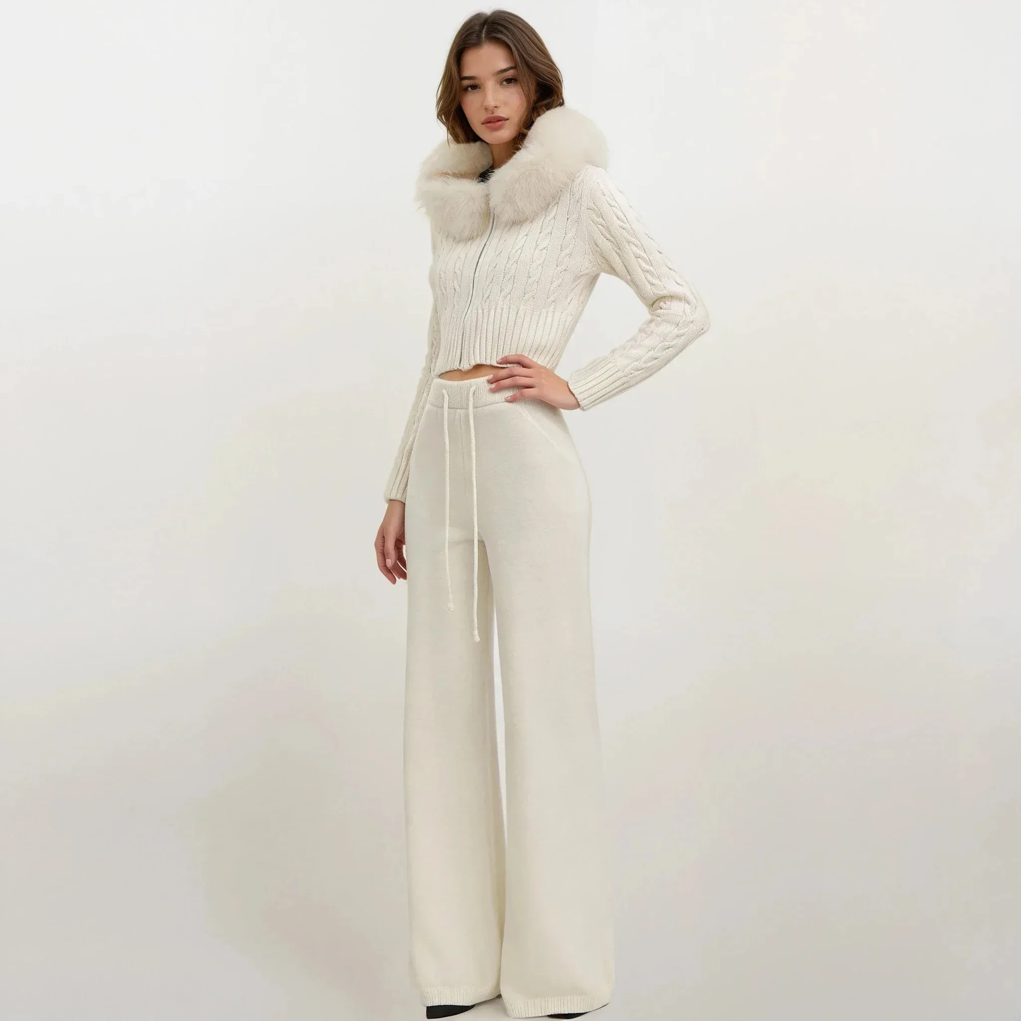 KNIT FAUX FURR HOODED COMFY SET