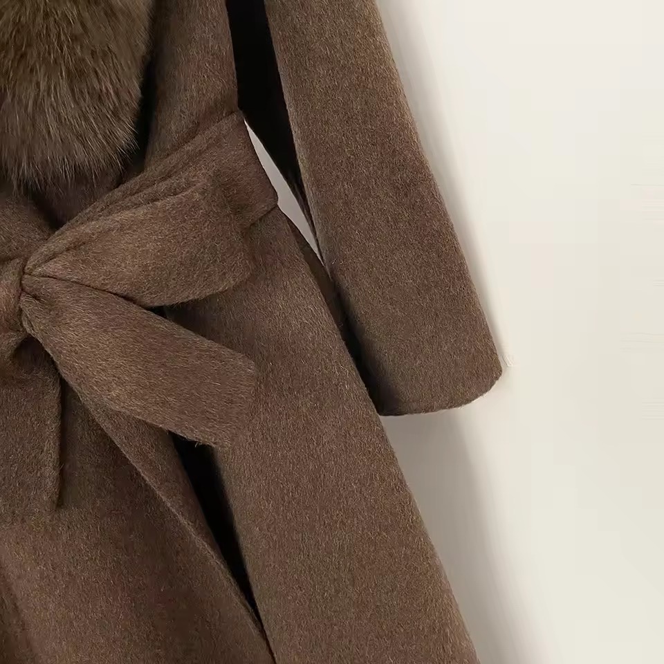 BELTED WOOLEN LONG COAT WITH REAL NATURAL FOX FURR