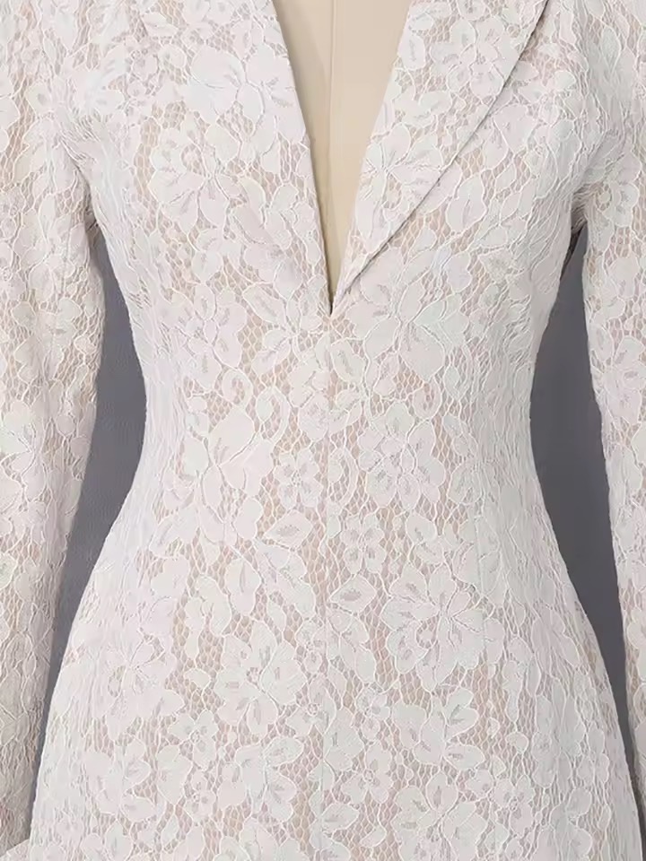 LACE RUFFLE V NECK WHITE DRESS
