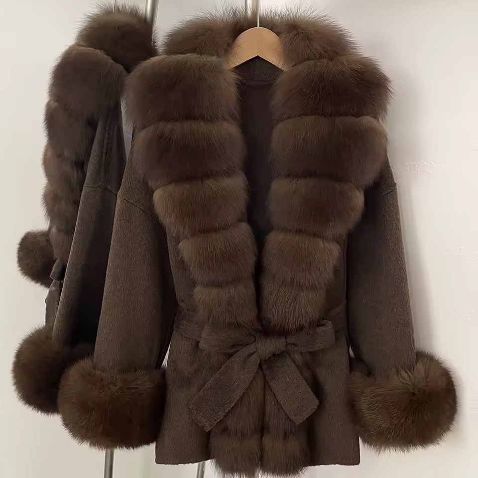 BELTED WOOLEN COAT WITH REAL NATURAL FOX FURR CUFFS