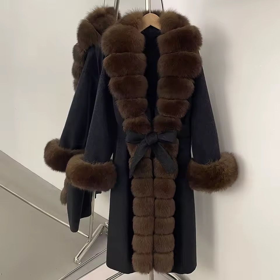 BELTED WOOLEN LONG COAT WITH LONG REAL NATURAL FOX FURR AND CUFFS