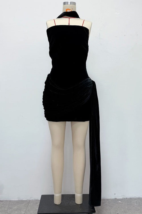 VELVET CORSET DRAPED SHORT DRESS