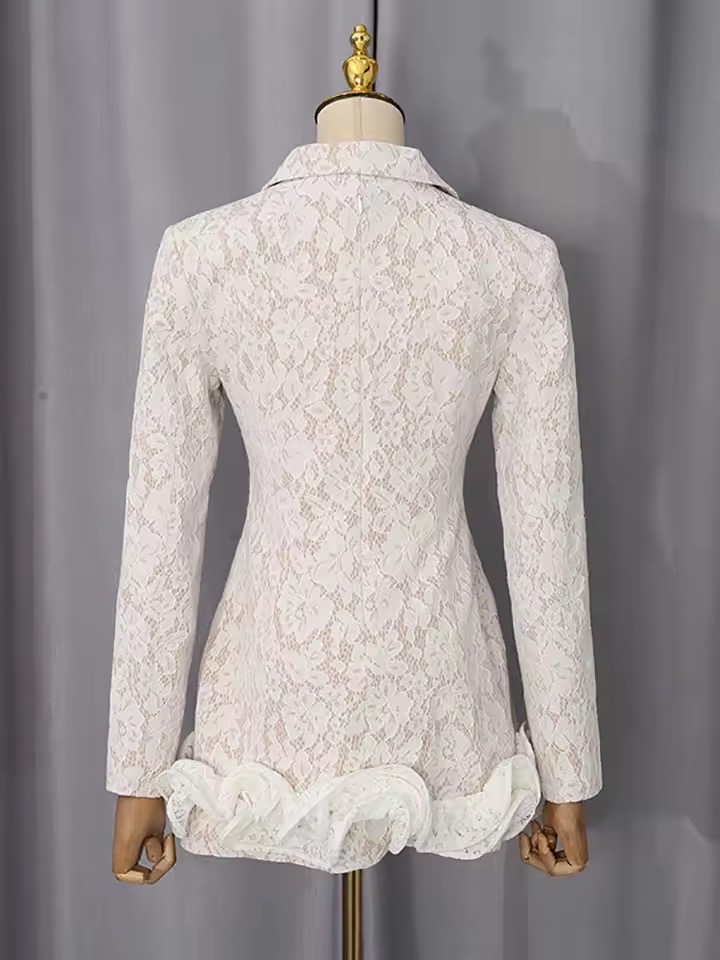 LACE RUFFLE V NECK WHITE DRESS