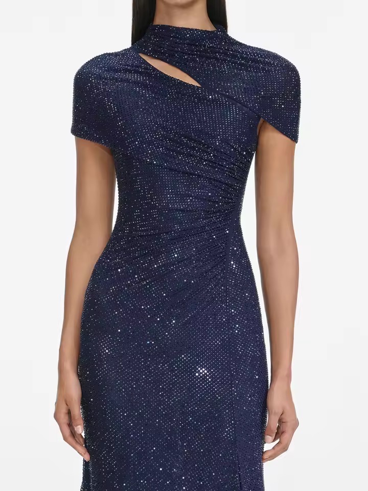 RHINESTONES SHIMMERY MESH CUTOUT DRESS