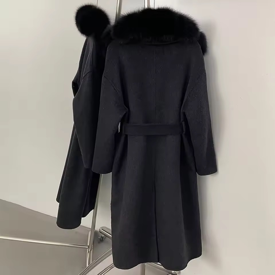 BELTED WOOLEN LONG COAT WITH REAL NATURAL FOX FURR