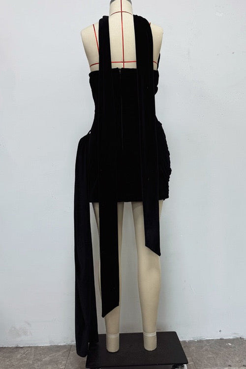 VELVET CORSET DRAPED SHORT DRESS