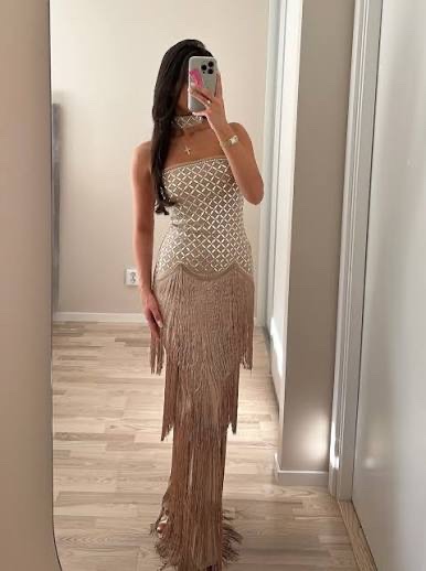 STRAPLESS RHINESTONES FRINGES DRESS WITH CHOKER