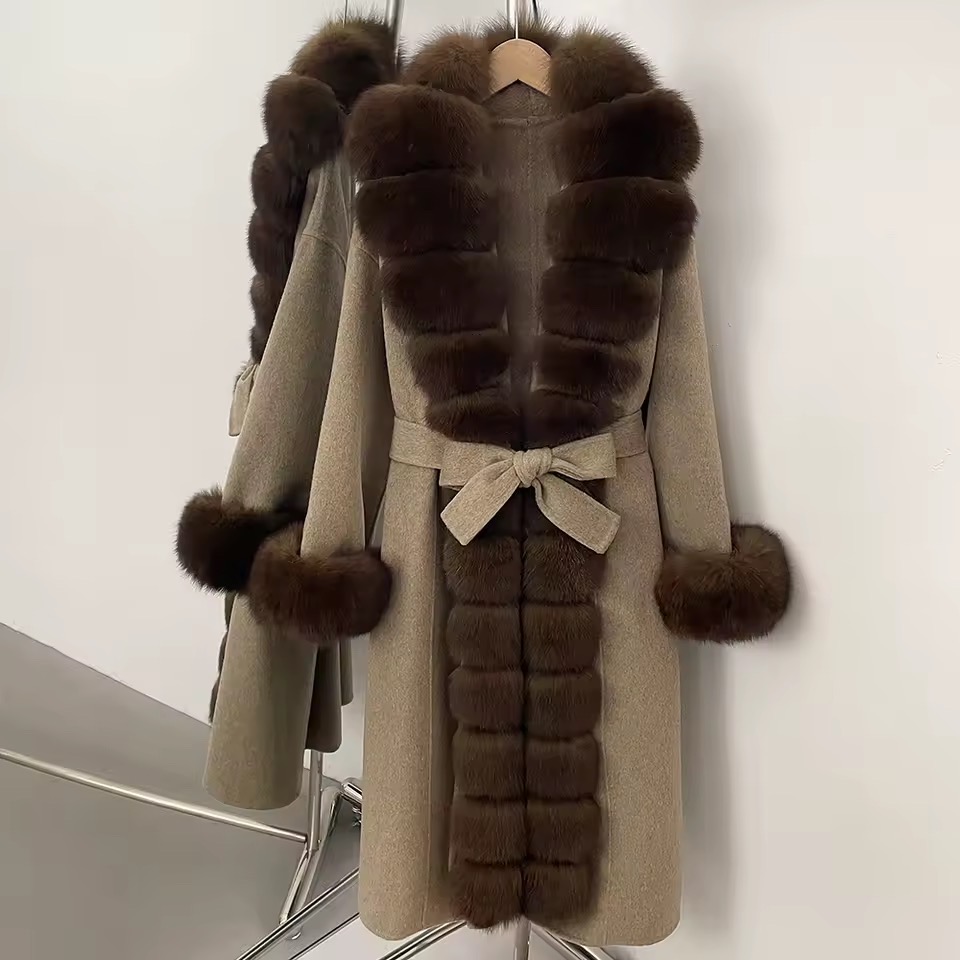 BELTED WOOLEN LONG COAT WITH LONG REAL NATURAL FOX FURR AND CUFFS