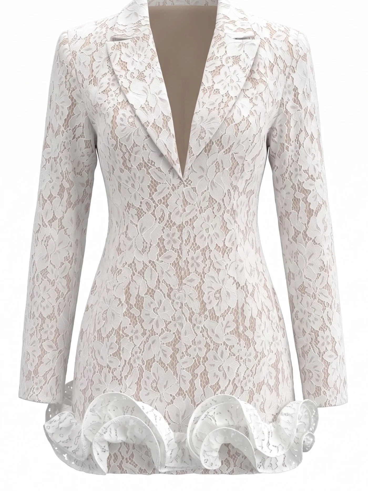 LACE RUFFLE V NECK WHITE DRESS