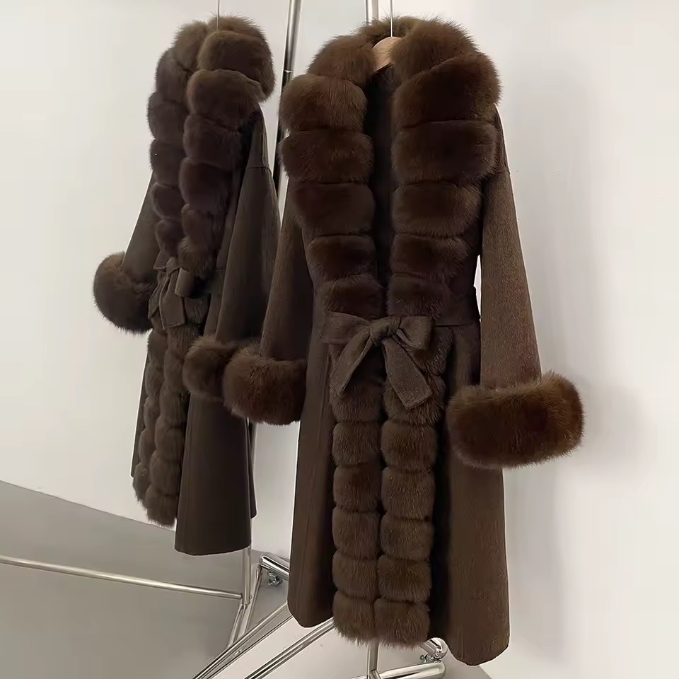 BELTED WOOLEN LONG COAT WITH LONG REAL NATURAL FOX FURR AND CUFFS