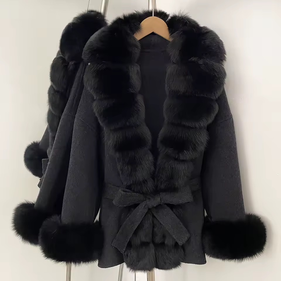 BELTED WOOLEN COAT WITH REAL NATURAL FOX FURR CUFFS