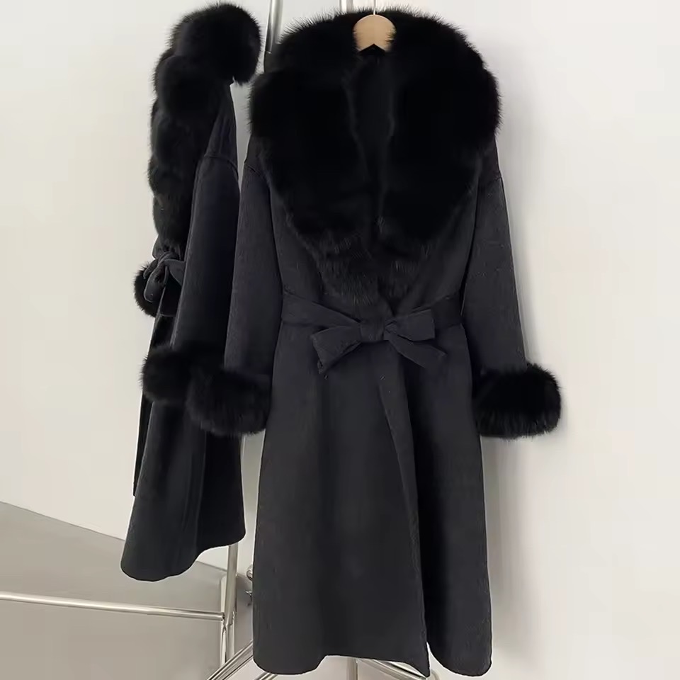 BELTED WOOLEN LONG COAT WITH REAL NATURAL FOX FURR CUFFS